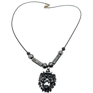 Lion Necklace 19.5” Pewter Charm Cord Head Zodiac Symbol Biker Metal Surfer VTG